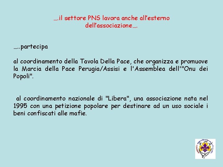 …. il settore PNS lavora anche all’esterno dell’associazione…. …. . partecipa al coordinamento della …. il settore PNS lavora anche all’esterno dell’associazione…. …. . partecipa al coordinamento della