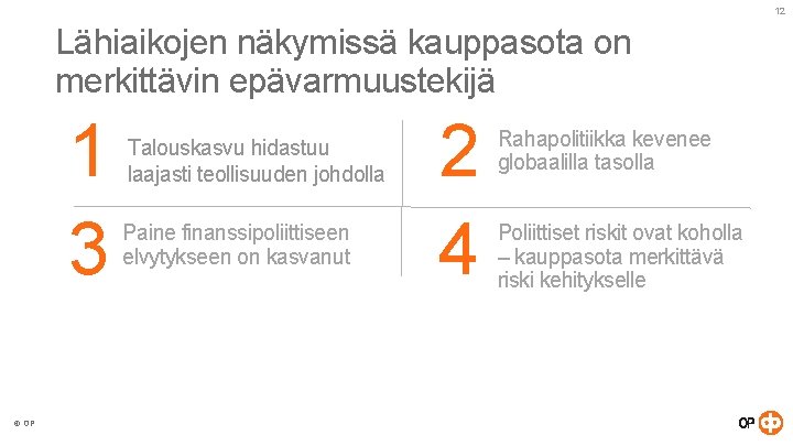 12 Lähiaikojen näkymissä kauppasota on merkittävin epävarmuustekijä 1 3 © OP Talouskasvu hidastuu laajasti