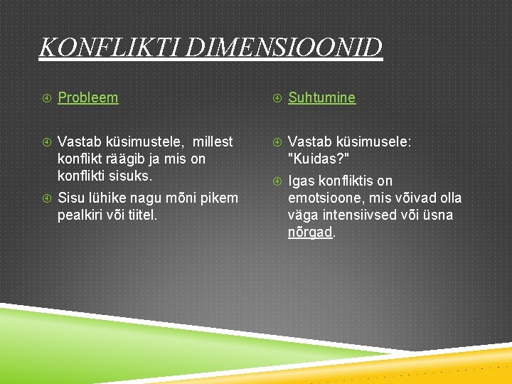 KONFLIKTI DIMENSIOONID Probleem Suhtumine Vastab küsimustele, millest Vastab küsimusele: konflikt räägib ja mis on