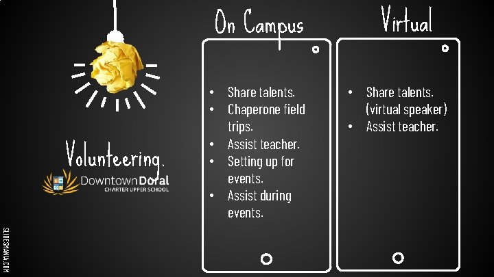 On Campus Volunteering. • Share talents. • Chaperone field trips. • Assist teacher. •