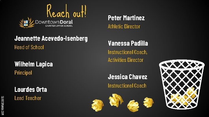 Reach out! Jeannette Acevedo-Isenberg Head of School Wilhelm Lapica Principal Lourdes Orta SLIDESMANIA. COM
