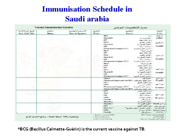 Immunisation Schedule in Saudi arabia *BCG (Bacillus Calmette-Guérin) is the current vaccine against TB.