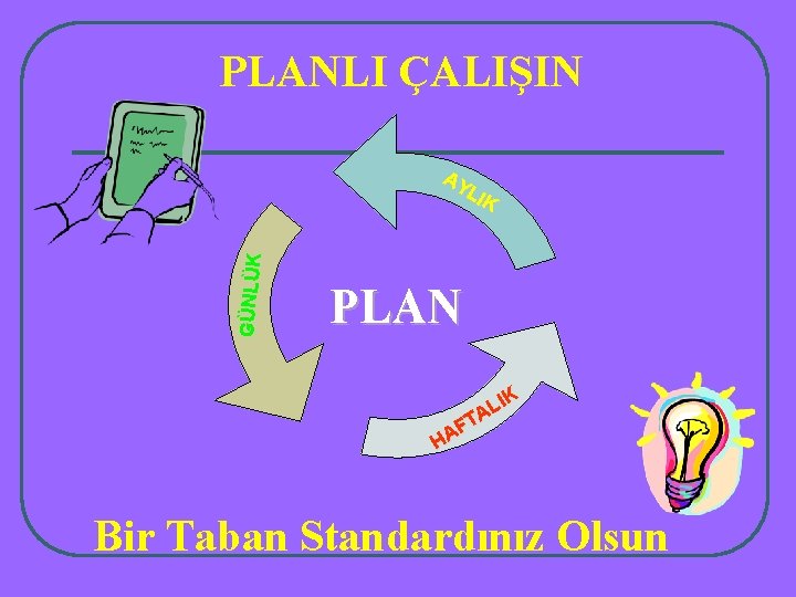 PLANLI ÇALIŞIN GÜNLÜK AY LIK PLAN IK L TA F HA Bir Taban Standardınız