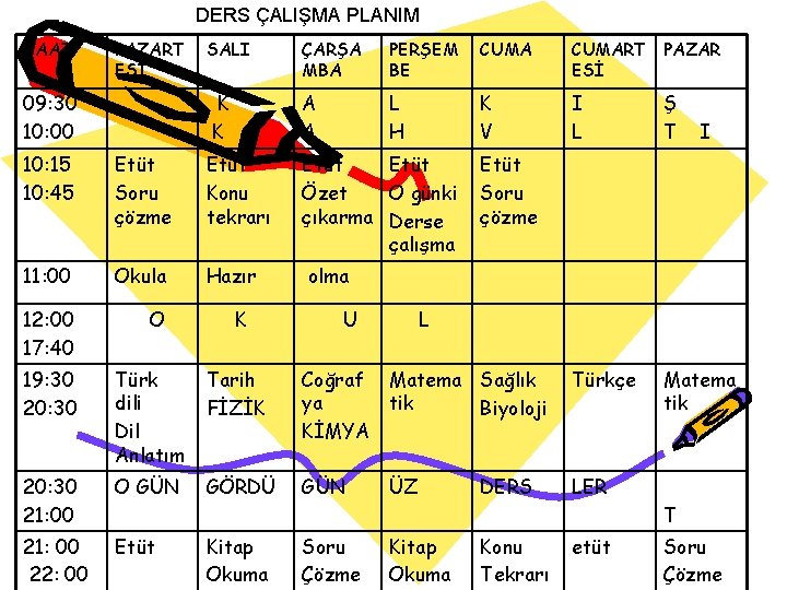 DERS ÇALIŞMA PLANIM SAAT PAZART ESİ 09: 30 10: 00 SALI ÇARŞA MBA PERŞEM