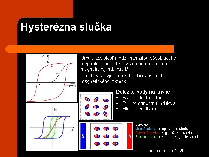 Hysterézna slučka Určuje závislosť medzi intenzitou pôsobiaceho magnetického poľa H a vnútornou hodnotou magnetickej