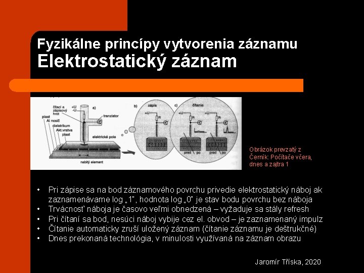 Fyzikálne princípy vytvorenia záznamu Elektrostatický záznam Obrázok prevzatý z Černík: Počítače včera, dnes a