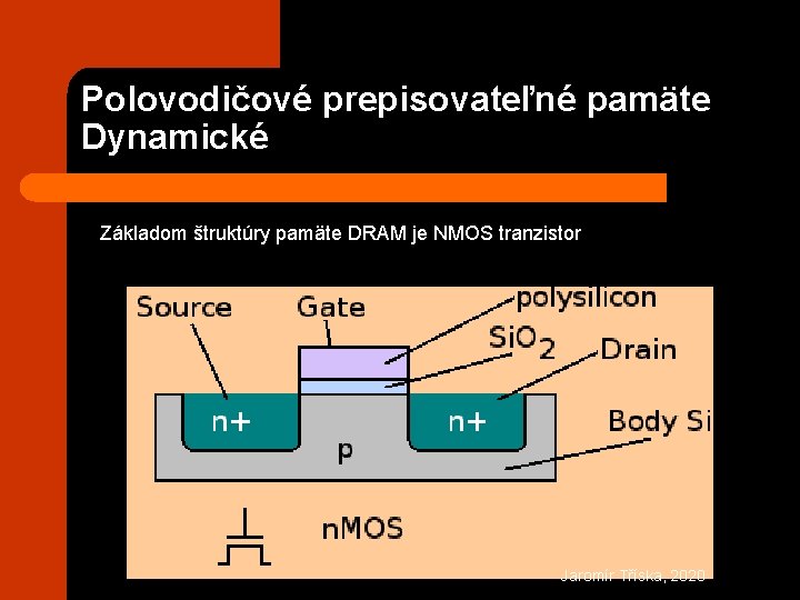 Polovodičové prepisovateľné pamäte Dynamické Základom štruktúry pamäte DRAM je NMOS tranzistor Jaromír Tříska, 2020