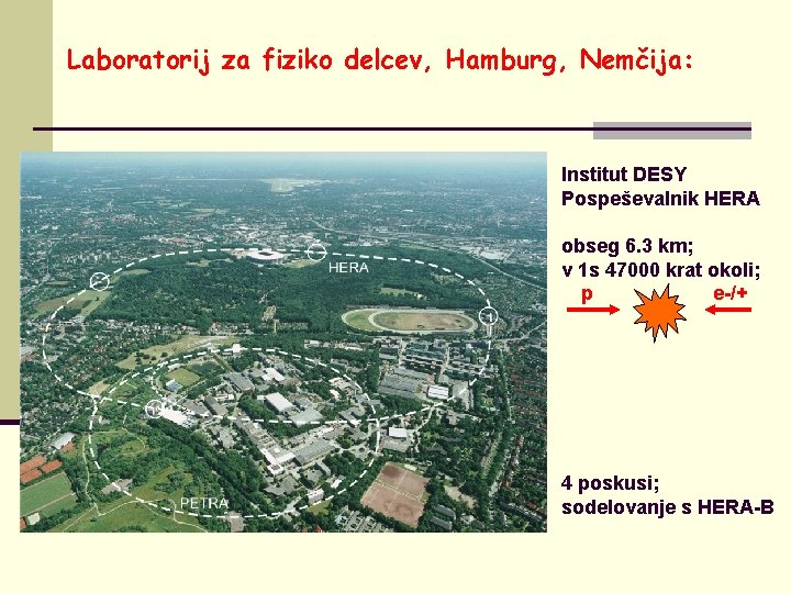 Laboratorij za fiziko delcev, Hamburg, Nemčija: Institut DESY Pospeševalnik HERA obseg 6. 3 km;