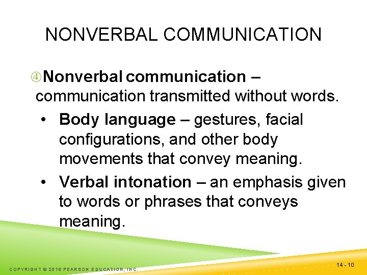 NONVERBAL COMMUNICATION Nonverbal communication – communication transmitted without words. • Body language – gestures,