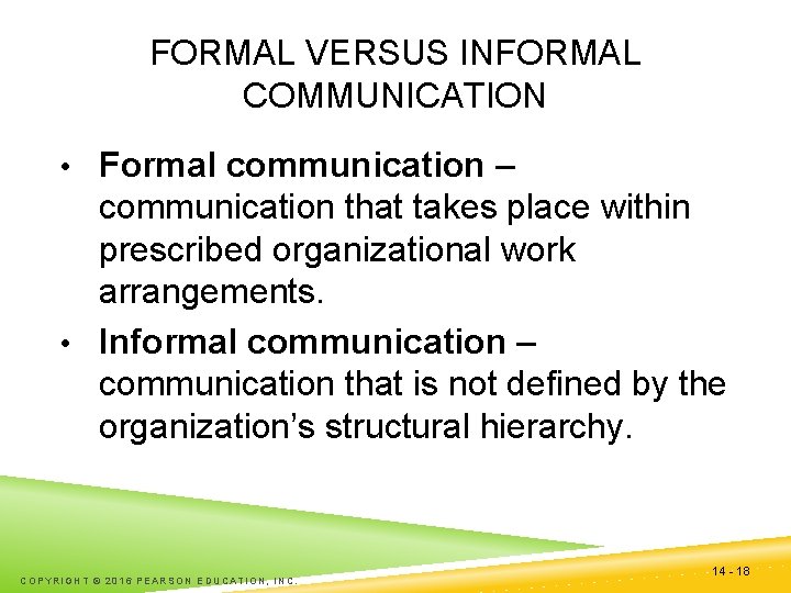 FORMAL VERSUS INFORMAL COMMUNICATION • Formal communication – communication that takes place within prescribed