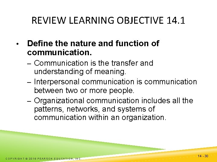 REVIEW LEARNING OBJECTIVE 14. 1 • Define the nature and function of communication. –