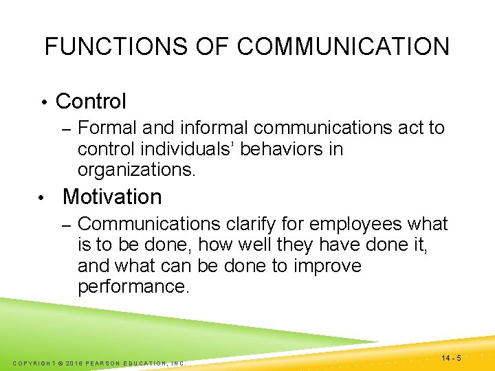 FUNCTIONS OF COMMUNICATION • Control – Formal and informal communications act to control individuals’