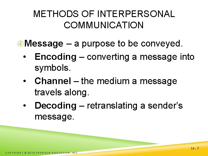 METHODS OF INTERPERSONAL COMMUNICATION Message – a purpose to be conveyed. • Encoding –