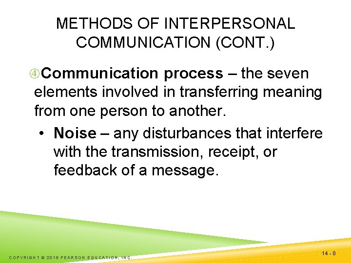 METHODS OF INTERPERSONAL COMMUNICATION (CONT. ) Communication process – the seven elements involved in