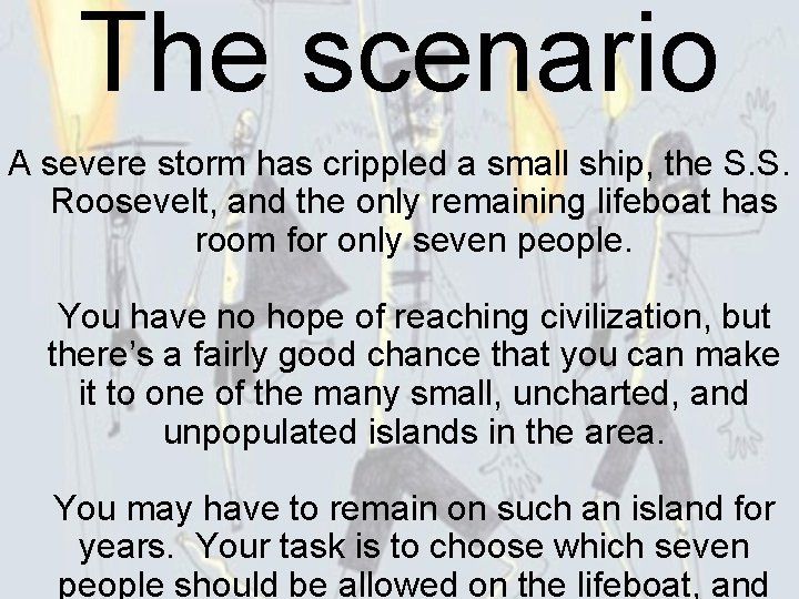 The scenario A severe storm has crippled a small ship, the S. S. Roosevelt,