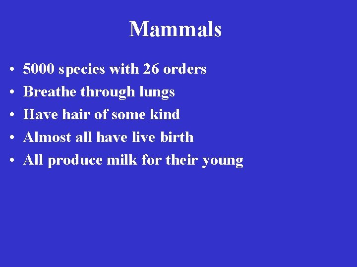 Mammals • • • 5000 species with 26 orders Breathe through lungs Have hair
