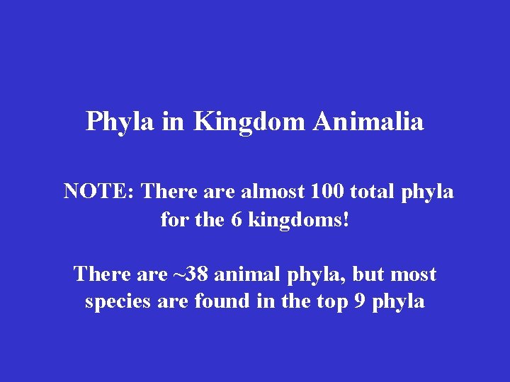 Phyla in Kingdom Animalia NOTE: There almost 100 total phyla for the 6 kingdoms!