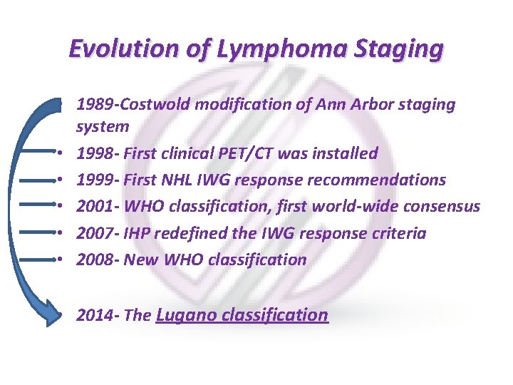 Evolution of Lymphoma Staging • 1989 -Costwold modification of Ann Arbor staging system •