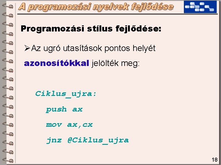 Programozási stílus fejlődése: ØAz ugró utasítások pontos helyét azonosítókkal jelölték meg: Ciklus_ujra: push ax Programozási stílus fejlődése: ØAz ugró utasítások pontos helyét azonosítókkal jelölték meg: Ciklus_ujra: push ax