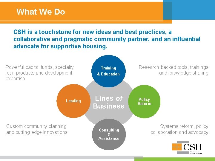 What We Do CSH is a touchstone for new ideas and best practices, a