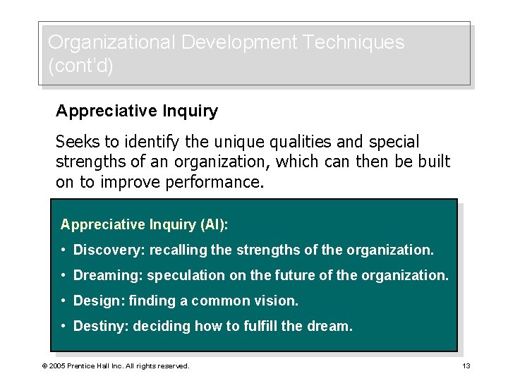 Organizational Development Techniques (cont’d) Appreciative Inquiry Seeks to identify the unique qualities and special