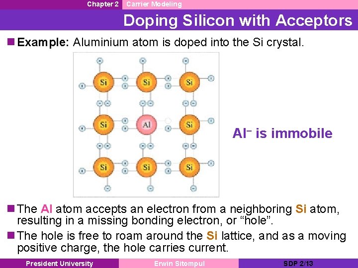 Chapter 2 Carrier Modeling Doping Silicon with Acceptors n Example: Aluminium atom is doped