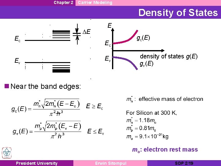 Chapter 2 Carrier Modeling Density of States Ec E DE Ec Ev Ev gc(E)