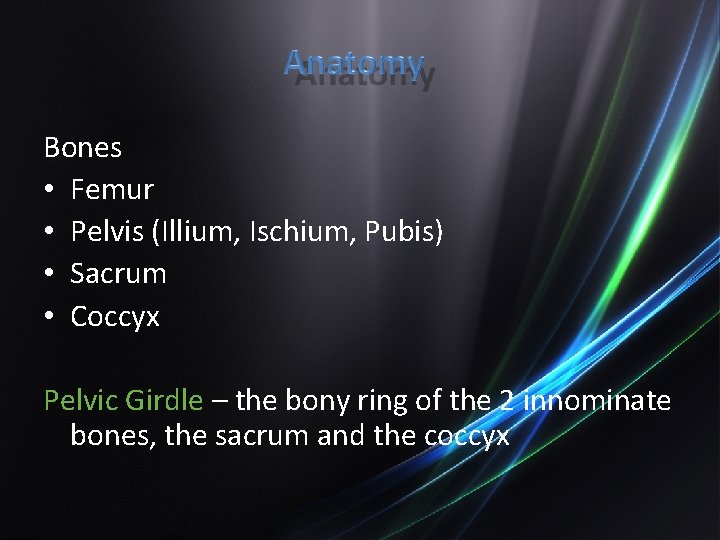 Bones • Femur • Pelvis (Illium, Ischium, Pubis) • Sacrum • Coccyx Pelvic Girdle