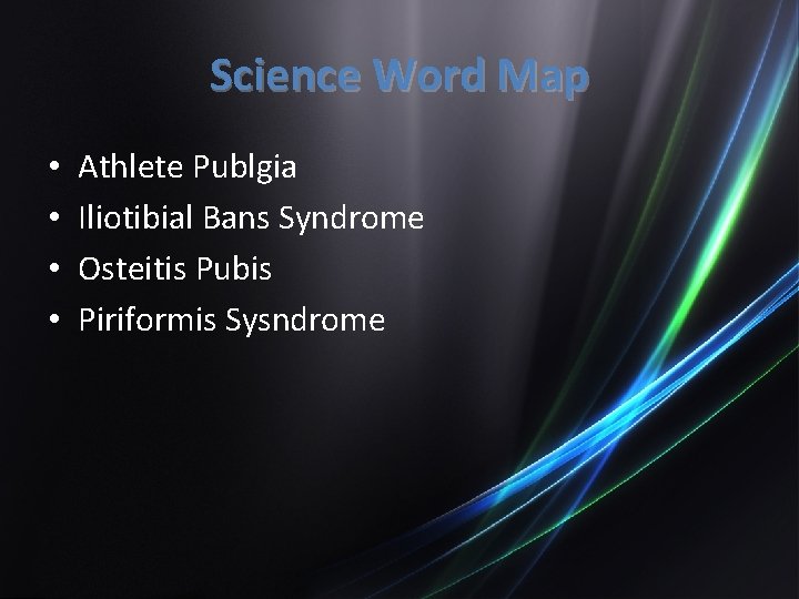 Science Word Map • • Athlete Publgia Iliotibial Bans Syndrome Osteitis Pubis Piriformis Sysndrome