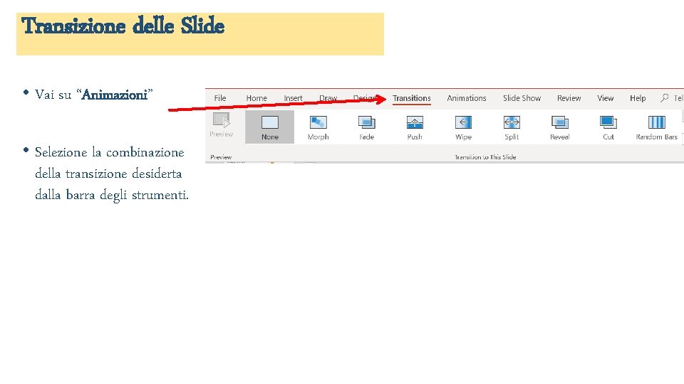 Transizione delle Slide • Vai su “Animazioni” • Selezione la combinazione della transizione desiderta