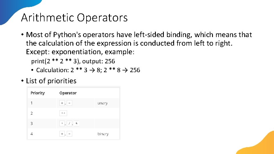 Arithmetic Operators • Most of Python's operators have left-sided binding, which means that the