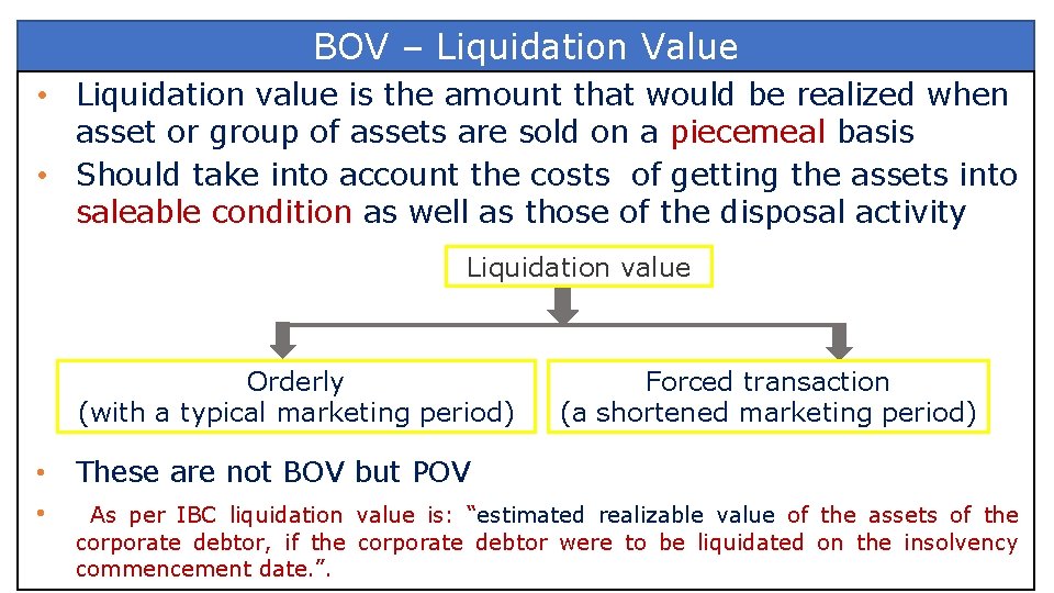 BOV – Liquidation Value • Liquidation value is the amount that would be realized