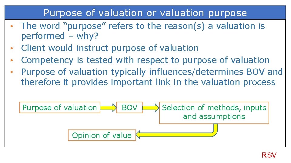 Purpose of valuation or valuation purpose • The word “purpose” refers to the reason(s)