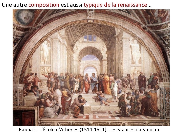 Une autre composition est aussi typique de la renaissance… Raphaël, L’École d’Athènes (1510 -1511),