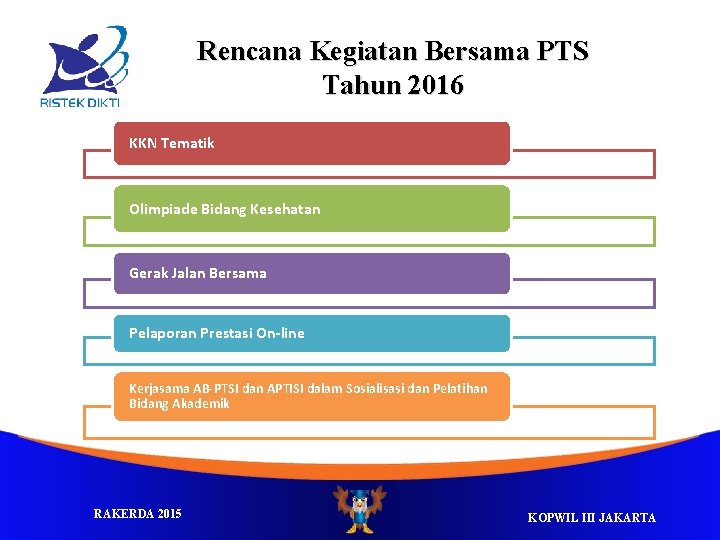 Rencana Kegiatan Bersama PTS Tahun 2016 KKN Tematik Olimpiade Bidang Kesehatan Gerak Jalan Bersama