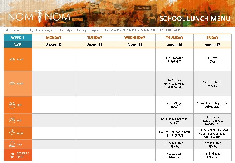 SCHOOL LUNCH MENU Menus may be subject to change due to daily availability of