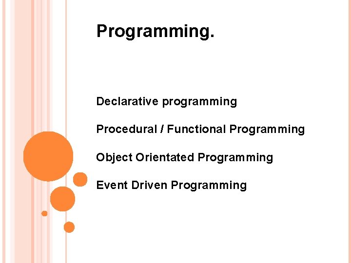 Programming. Declarative programming Procedural / Functional Programming Object Orientated Programming Event Driven Programming 