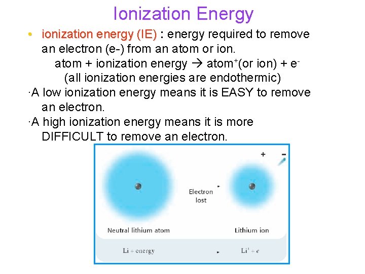 Ionization Energy • ionization energy (IE) : energy required to remove an electron (e-)