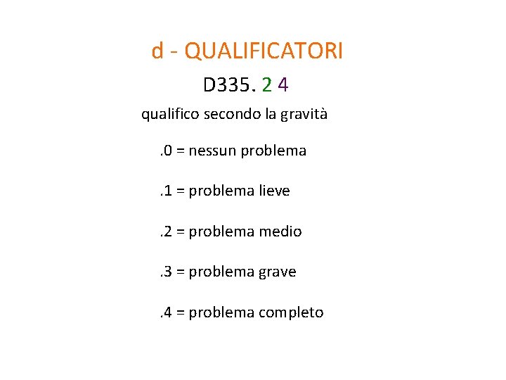 d - QUALIFICATORI D 335. 2 4 qualifico secondo la gravità. 0 = nessun