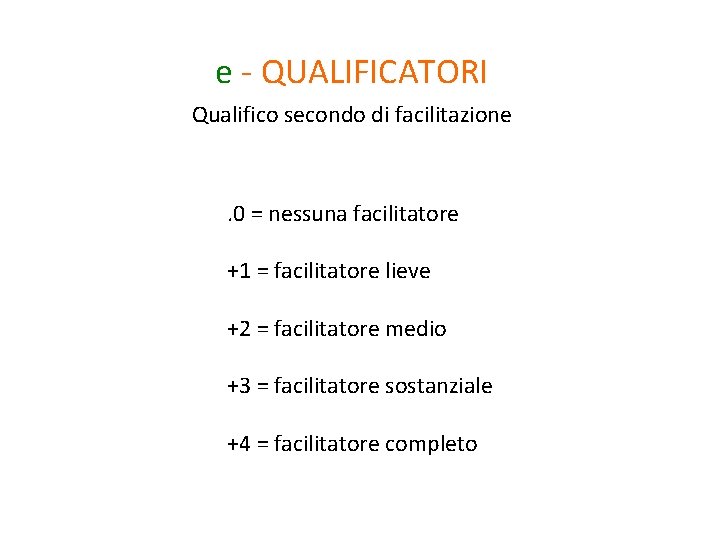 e - QUALIFICATORI Qualifico secondo di facilitazione . 0 = nessuna facilitatore +1 =