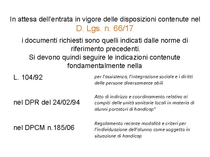 In attesa dell’entrata in vigore delle disposizioni contenute nel D. Lgs. n. 66/17 i