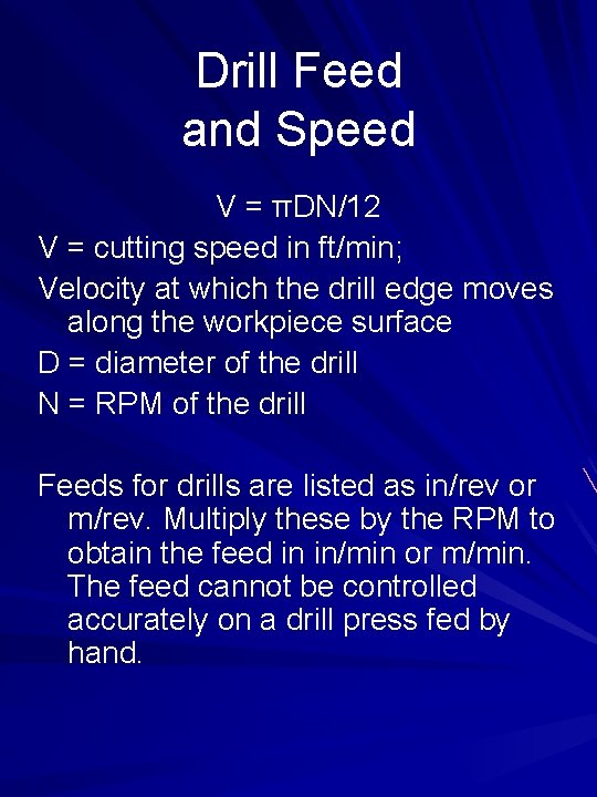 Drill Feed and Speed V = πDN/12 V = cutting speed in ft/min; Velocity