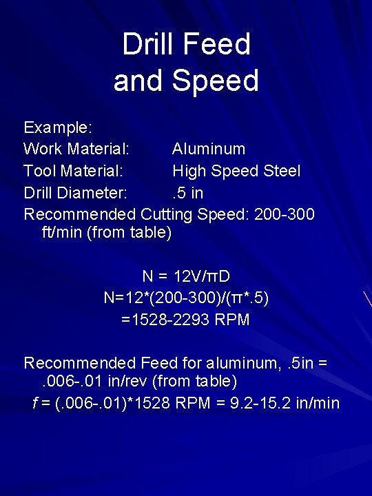 Drill Feed and Speed Example: Work Material: Aluminum Tool Material: High Speed Steel Drill