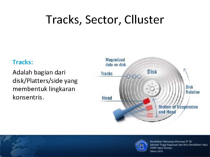 Tracks, Sector, Clluster Tracks: Adalah bagian dari disk/Platters/side yang membentuk lingkaran konsentris. 