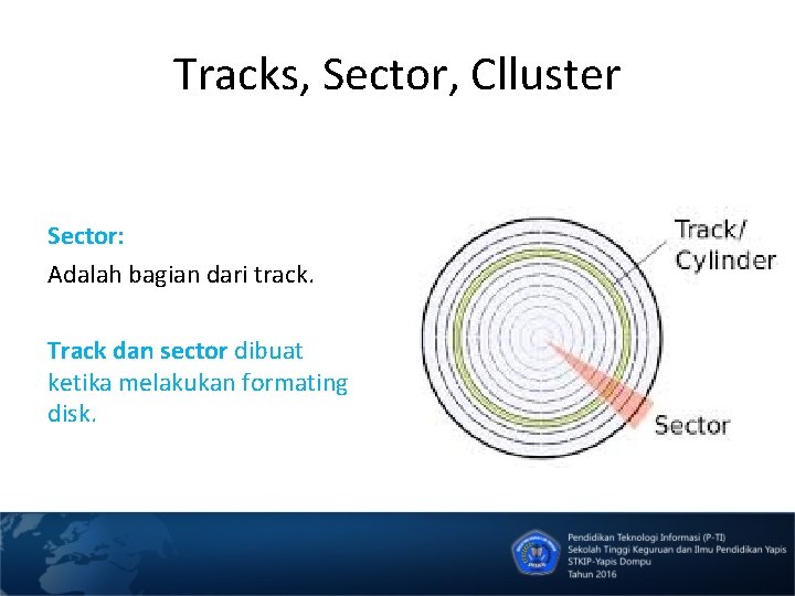 Tracks, Sector, Clluster Sector: Adalah bagian dari track. Track dan sector dibuat ketika melakukan