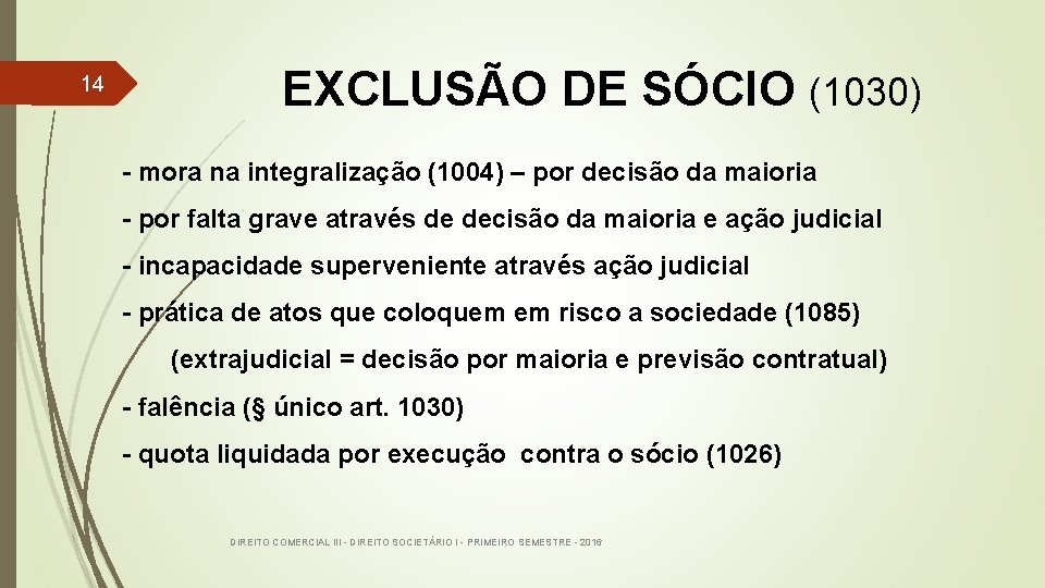  EXCLUSÃO DE SÓCIO (1030) 14 - mora na integralização (1004) – por decisão