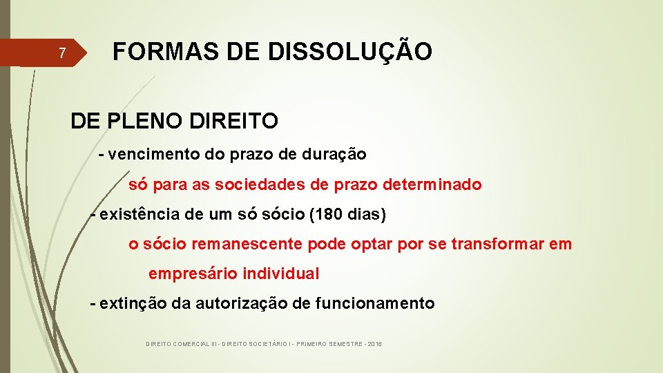 7 FORMAS DE DISSOLUÇÃO DE PLENO DIREITO - vencimento do prazo de duração só