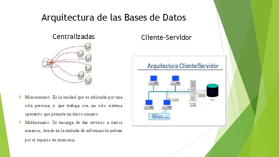 Arquitectura de las Bases de Datos Centralizadas Ø Monousuario: Es la unidad que es