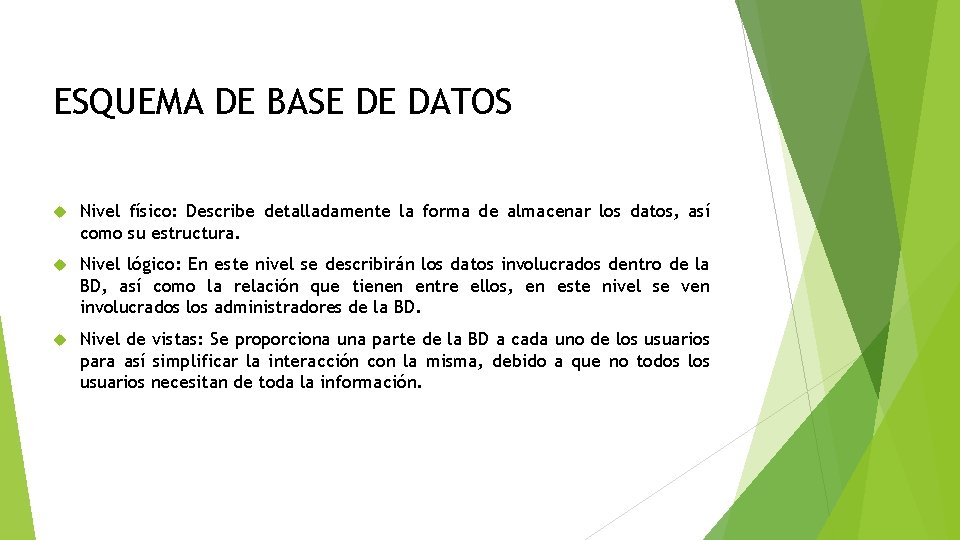 ESQUEMA DE BASE DE DATOS Nivel físico: Describe detalladamente la forma de almacenar los