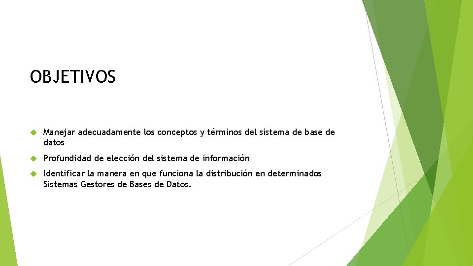 OBJETIVOS Manejar adecuadamente los conceptos y términos del sistema de base de datos Profundidad